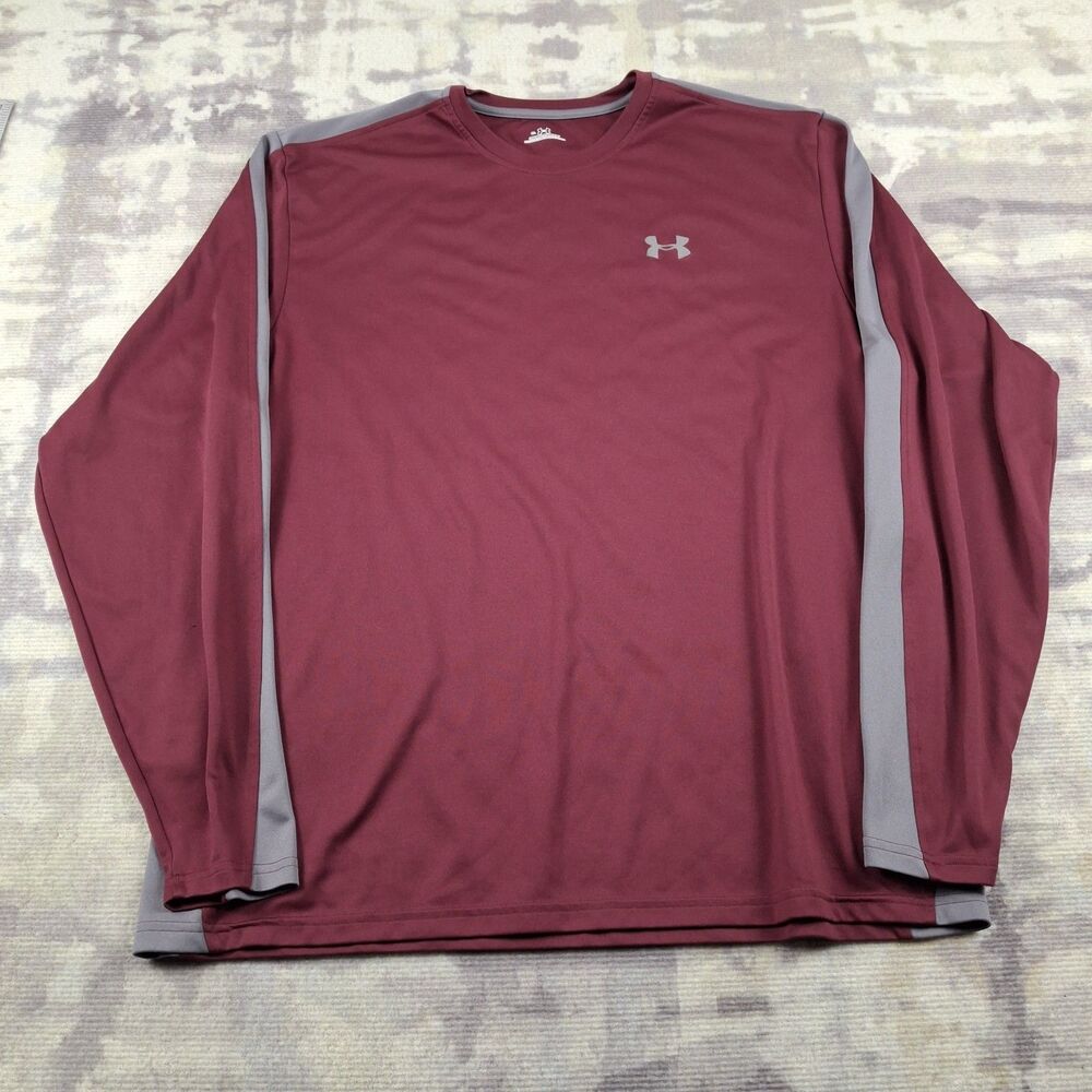 Under Armour Shirt Mens Loose Fit Long Sleeve Maroon Gray Striped Running Gym